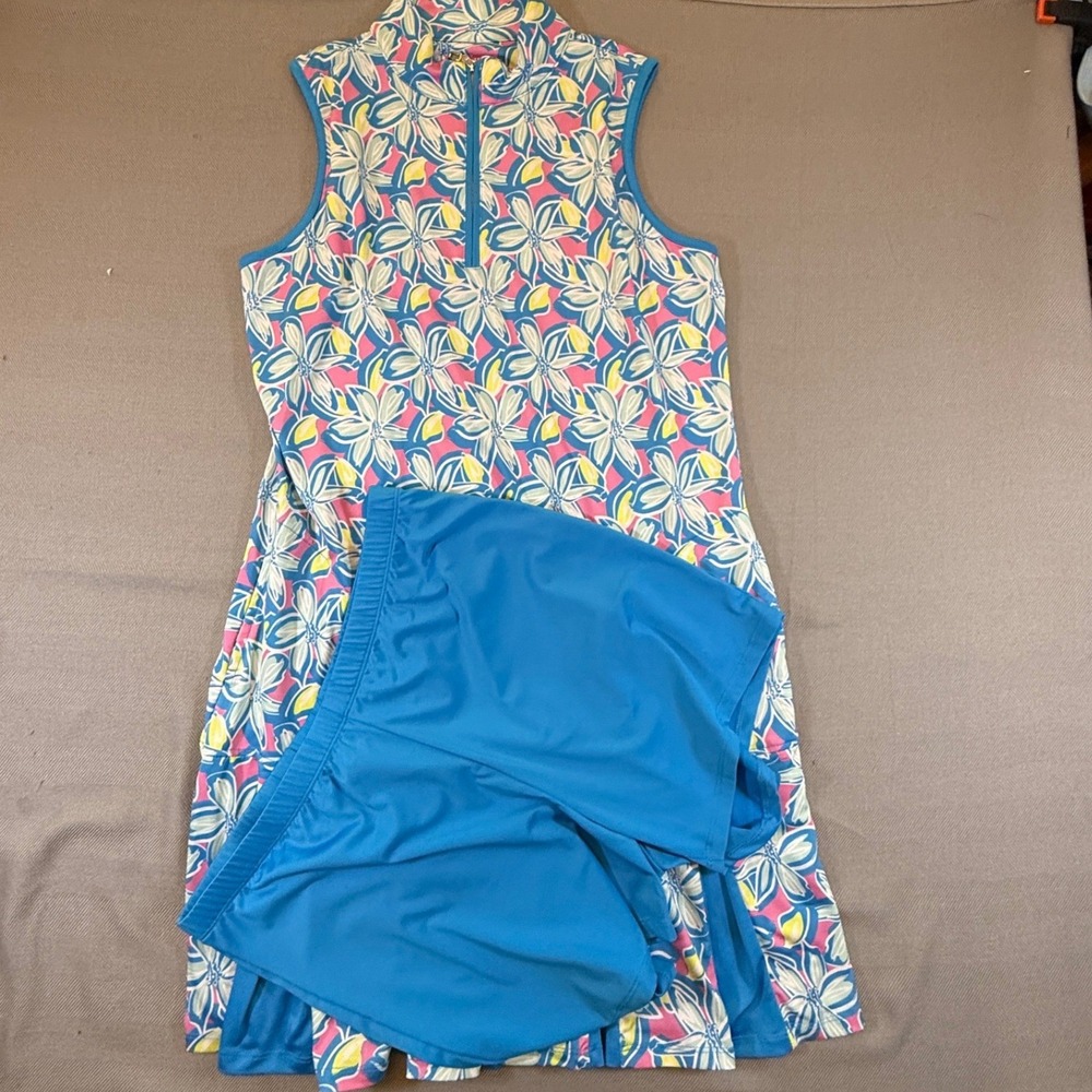 Sport Haley Womens Golf Dress Set Floral Blue Pink Sleeveless Quarter Zip Size M